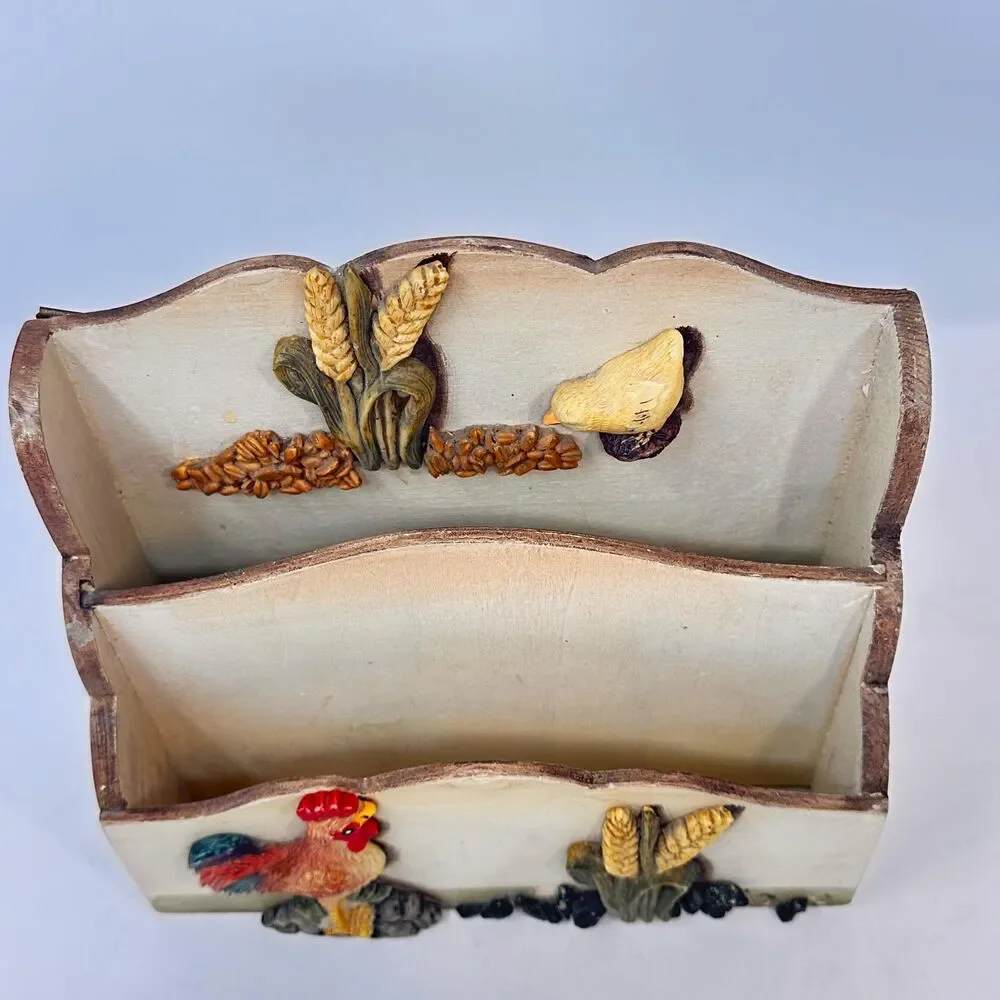 Vintage Wooden Rooster Mail Sorter Farmhouse 2 Tier Letter Holder Desk Organizer